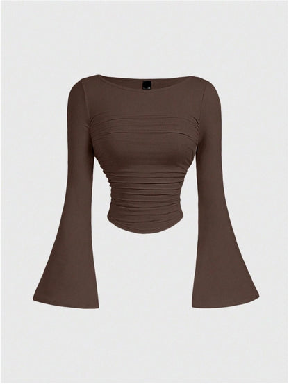 Boat Neck Bell Sleeve Waist Ruched Casual T-Shirt , Bell Sleeve Top