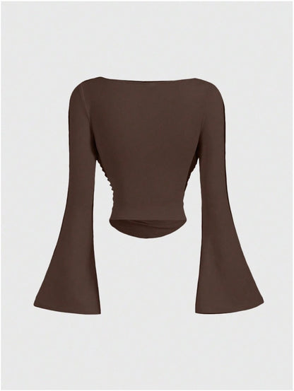 Boat Neck Bell Sleeve Waist Ruched Casual T-Shirt , Bell Sleeve Top