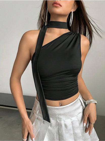 Asymmetrical Neck Ruched Crop Top for Women | Y2K Sleeveless Halter Tie Blouse – Slim Fit Stretch Knit