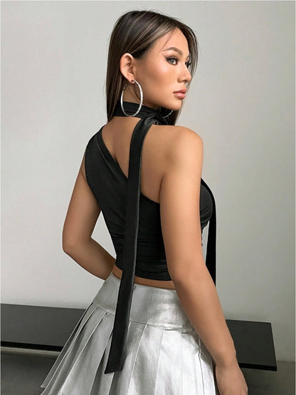 Asymmetrical Neck Ruched Crop Top for Women | Y2K Sleeveless Halter Tie Blouse – Slim Fit Stretch Knit