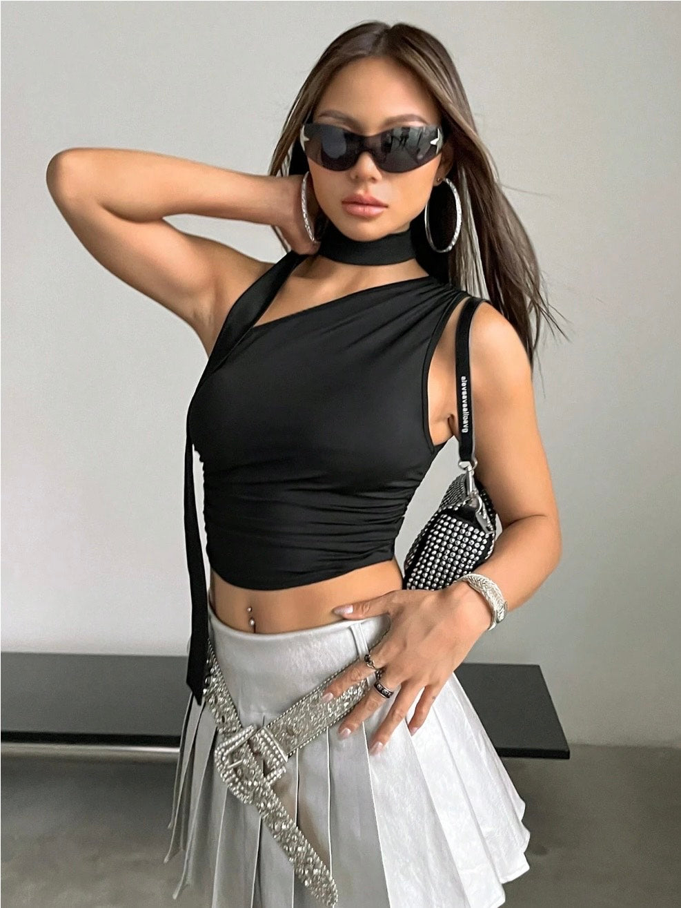 Asymmetrical Neck Ruched Crop Top for Women | Y2K Sleeveless Halter Tie Blouse – Slim Fit Stretch Knit