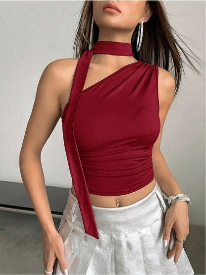Asymmetrical Neck Ruched Crop Top for Women | Y2K Sleeveless Halter Tie Blouse – Slim Fit Stretch Knit