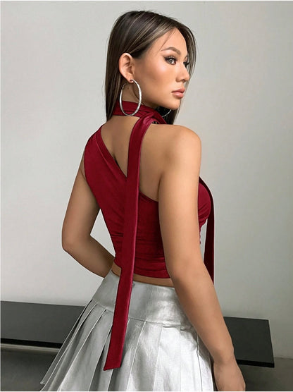 Asymmetrical Neck Ruched Crop Top for Women | Y2K Sleeveless Halter Tie Blouse – Slim Fit Stretch Knit