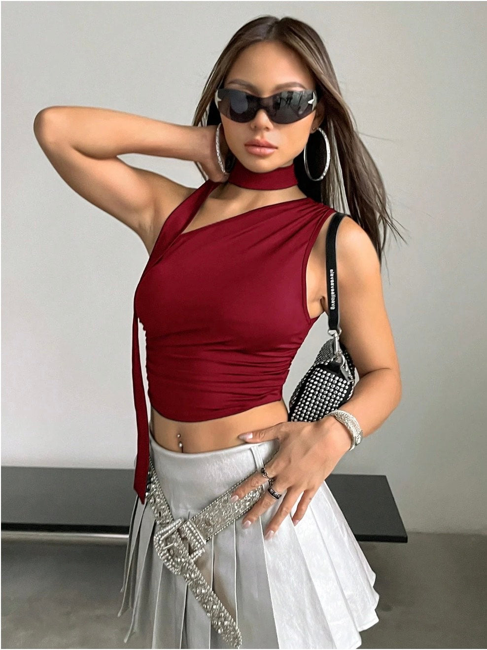 Asymmetrical Neck Ruched Crop Top for Women | Y2K Sleeveless Halter Tie Blouse – Slim Fit Stretch Knit