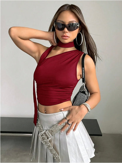 Asymmetrical Neck Ruched Crop Top for Women | Y2K Sleeveless Halter Tie Blouse – Slim Fit Stretch Knit