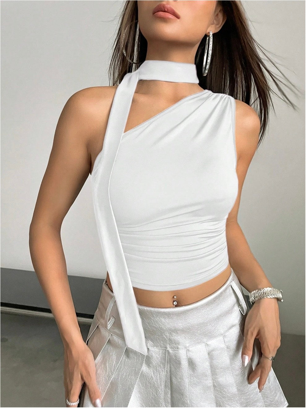 Asymmetrical Neck Ruched Crop Top for Women | Y2K Sleeveless Halter Tie Blouse – Slim Fit Stretch Knit