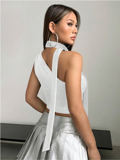 Asymmetrical Neck Ruched Crop Top for Women | Y2K Sleeveless Halter Tie Blouse – Slim Fit Stretch Knit