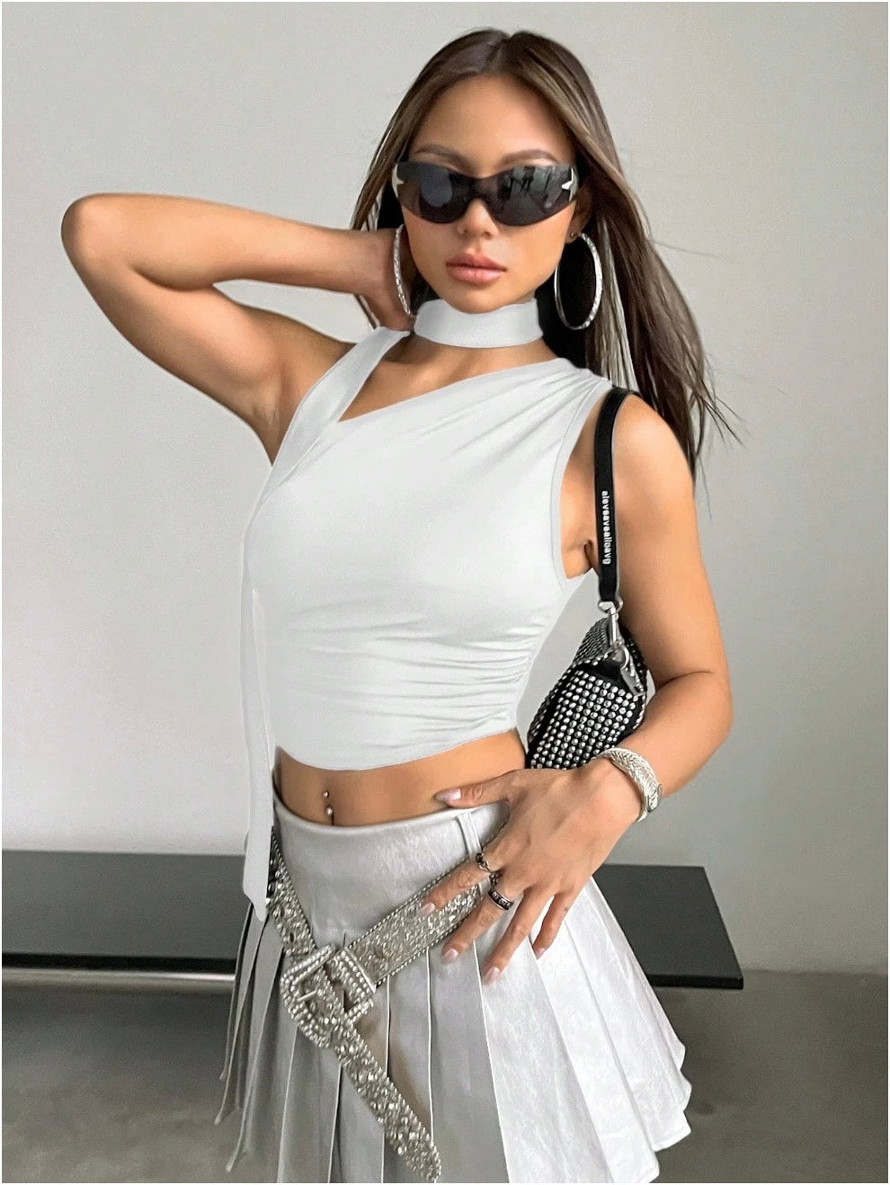 Asymmetrical Neck Ruched Crop Top for Women | Y2K Sleeveless Halter Tie Blouse – Slim Fit Stretch Knit