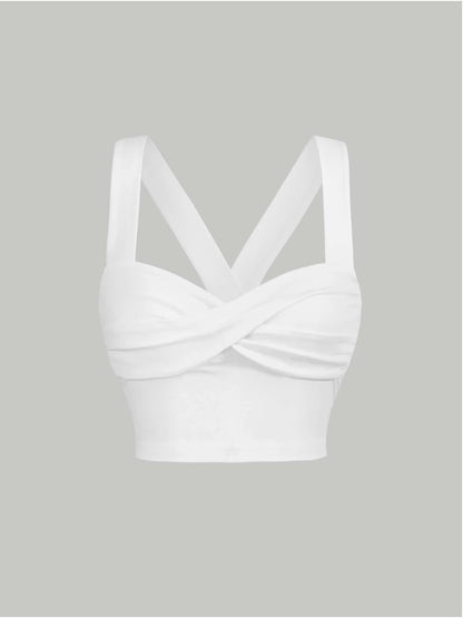 Twist Front Wide Strap Crop Top for Women | Crisscross Cami Summer Top – Stretch Knit Slim Fit