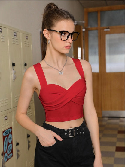 Twist Front Wide Strap Crop Top for Women | Crisscross Cami Summer Top – Stretch Knit Slim Fit