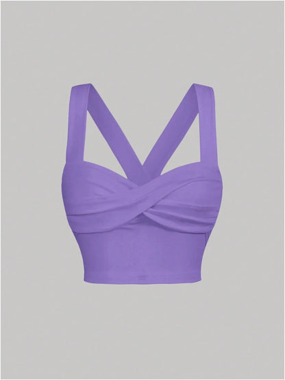 Twist Front Wide Strap Crop Top for Women | Crisscross Cami Summer Top – Stretch Knit Slim Fit