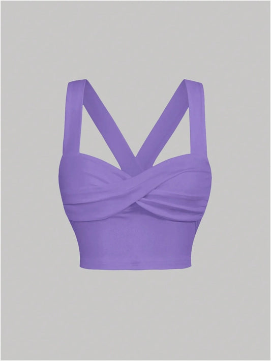 Twist Front Wide Strap Crop Top for Women | Crisscross Cami Summer Top – Stretch Knit Slim Fit