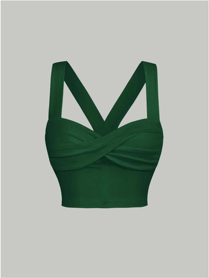 Twist Front Wide Strap Crop Top for Women | Crisscross Cami Summer Top – Stretch Knit Slim Fit