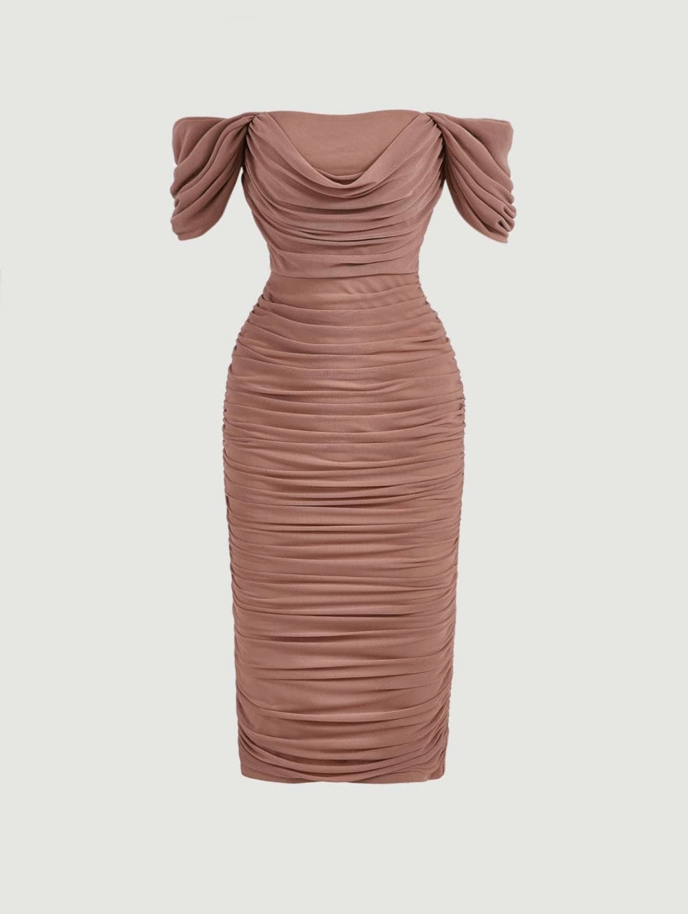 Elegant Off-Shoulder Ruched Bodycon Dress – Knee-Length, Draped Puff Sleeves, Slim Fit Partywear for Women