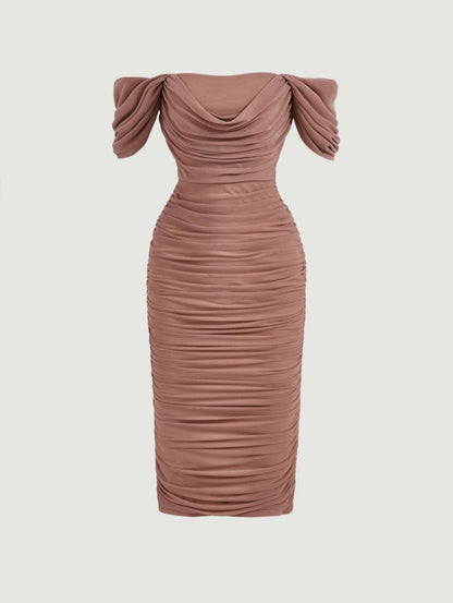 Elegant Off-Shoulder Ruched Bodycon Dress – Knee-Length, Draped Puff Sleeves, Slim Fit Partywear for Women