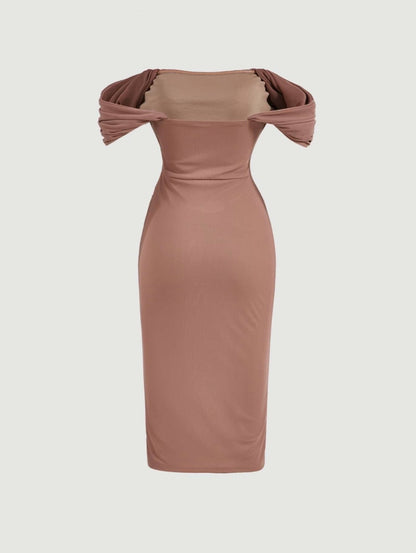 Elegant Off-Shoulder Ruched Bodycon Dress – Knee-Length, Draped Puff Sleeves, Slim Fit Partywear for Women