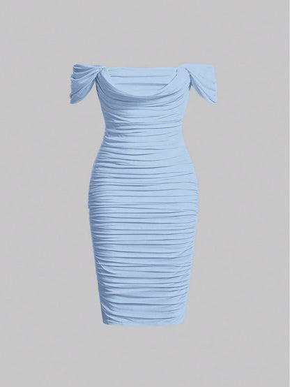 Elegant Off-Shoulder Ruched Bodycon Dress – Knee-Length, Draped Puff Sleeves, Slim Fit Partywear for Women
