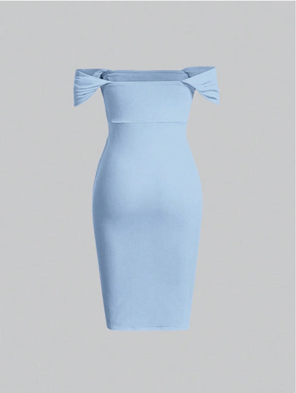 Elegant Off-Shoulder Ruched Bodycon Dress – Knee-Length, Draped Puff Sleeves, Slim Fit Partywear for Women