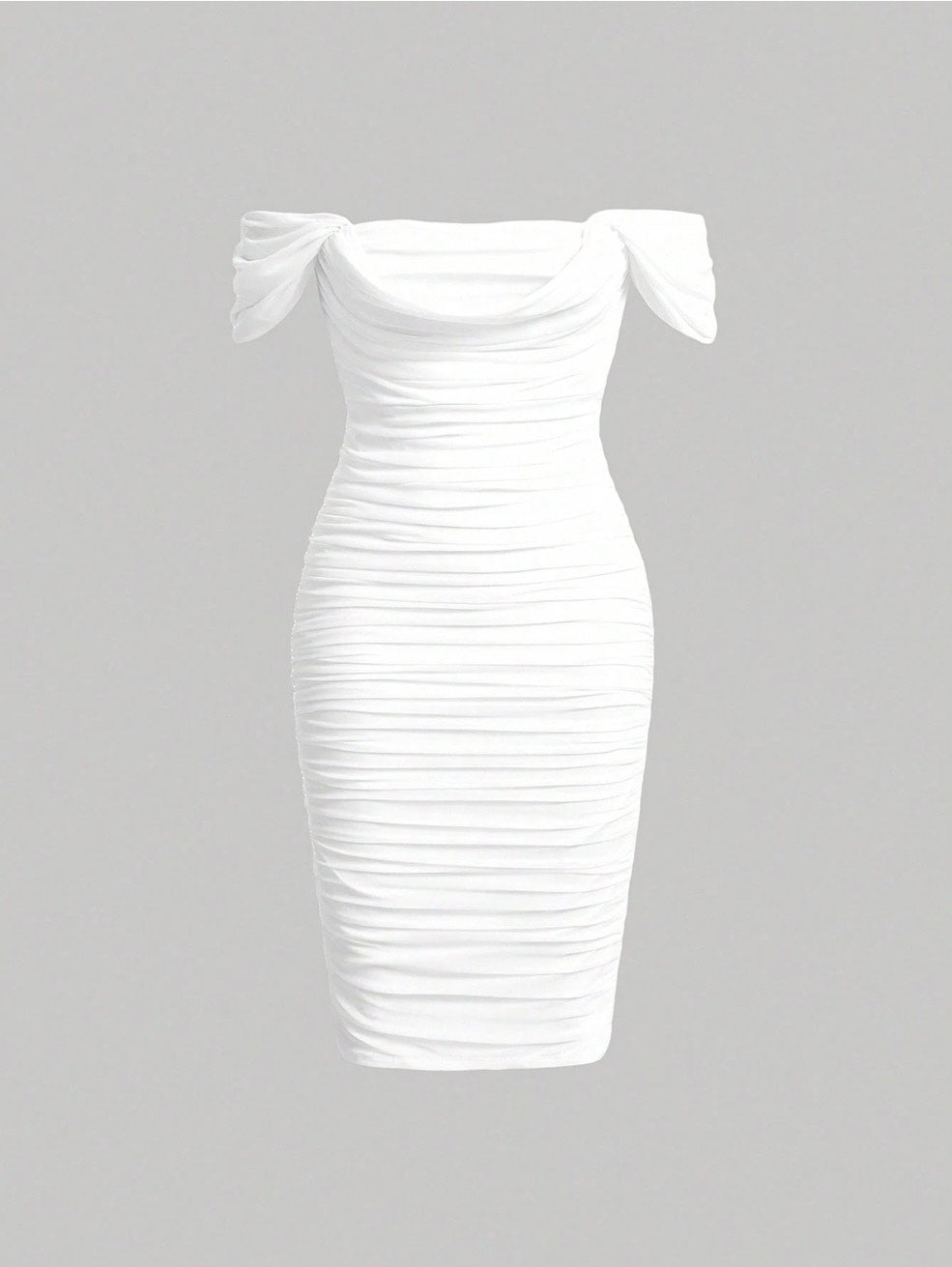 Elegant Off-Shoulder Ruched Bodycon Dress – Knee-Length, Draped Puff Sleeves, Slim Fit Partywear for Women