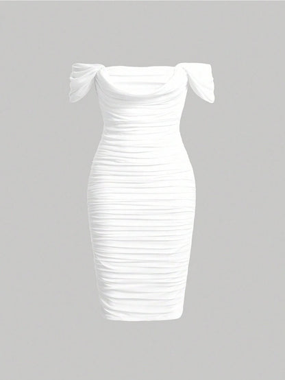 Elegant Off-Shoulder Ruched Bodycon Dress – Knee-Length, Draped Puff Sleeves, Slim Fit Partywear for Women