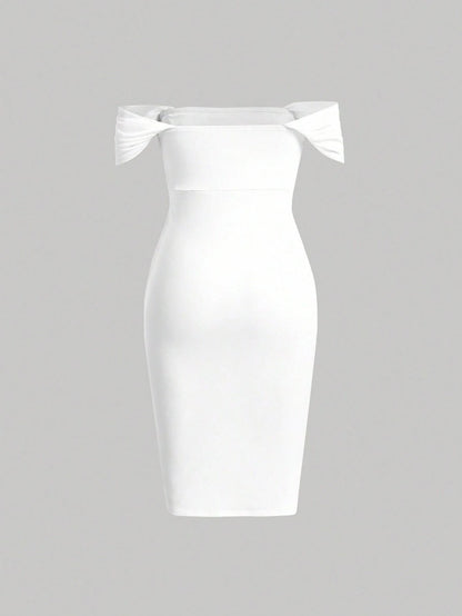 Elegant Off-Shoulder Ruched Bodycon Dress – Knee-Length, Draped Puff Sleeves, Slim Fit Partywear for Women