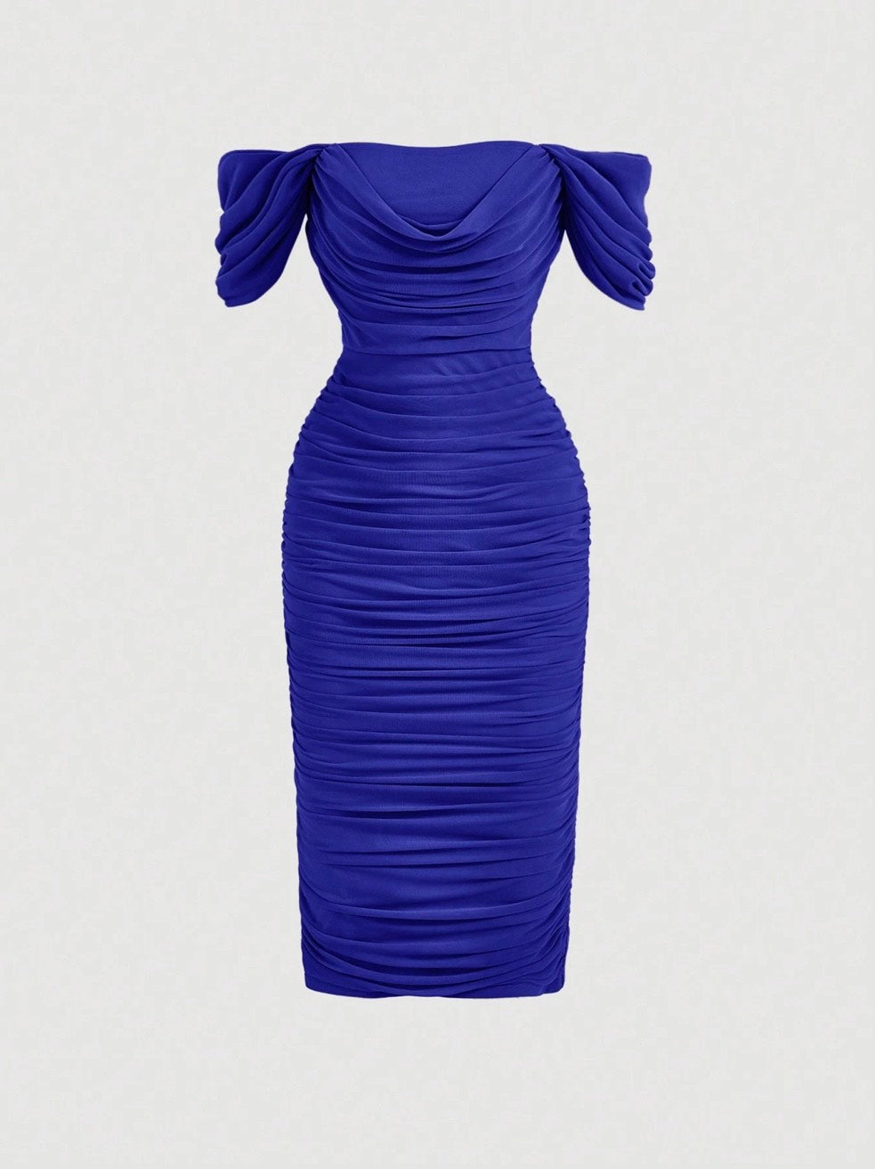 Elegant Off-Shoulder Ruched Bodycon Dress – Knee-Length, Draped Puff Sleeves, Slim Fit Partywear for Women