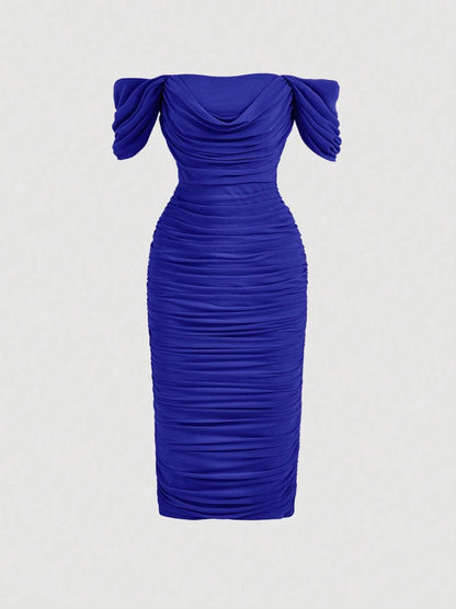 Elegant Off-Shoulder Ruched Bodycon Dress – Knee-Length, Draped Puff Sleeves, Slim Fit Partywear for Women