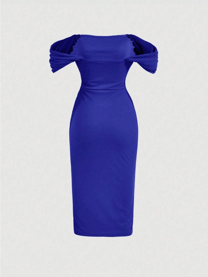 Elegant Off-Shoulder Ruched Bodycon Dress – Knee-Length, Draped Puff Sleeves, Slim Fit Partywear for Women