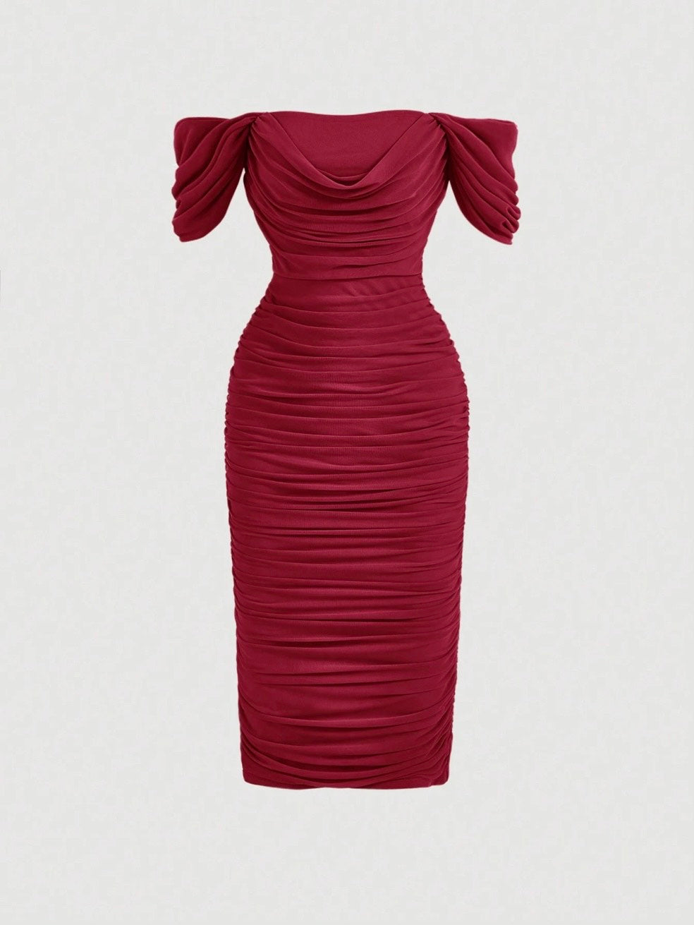 Elegant Off-Shoulder Ruched Bodycon Dress – Knee-Length, Draped Puff Sleeves, Slim Fit Partywear for Women