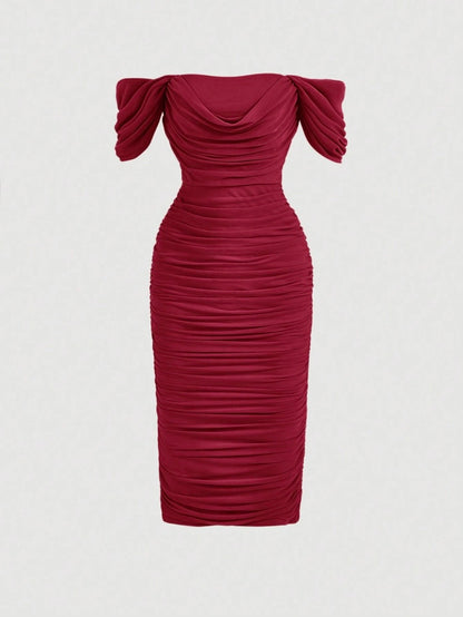 Elegant Off-Shoulder Ruched Bodycon Dress – Knee-Length, Draped Puff Sleeves, Slim Fit Partywear for Women