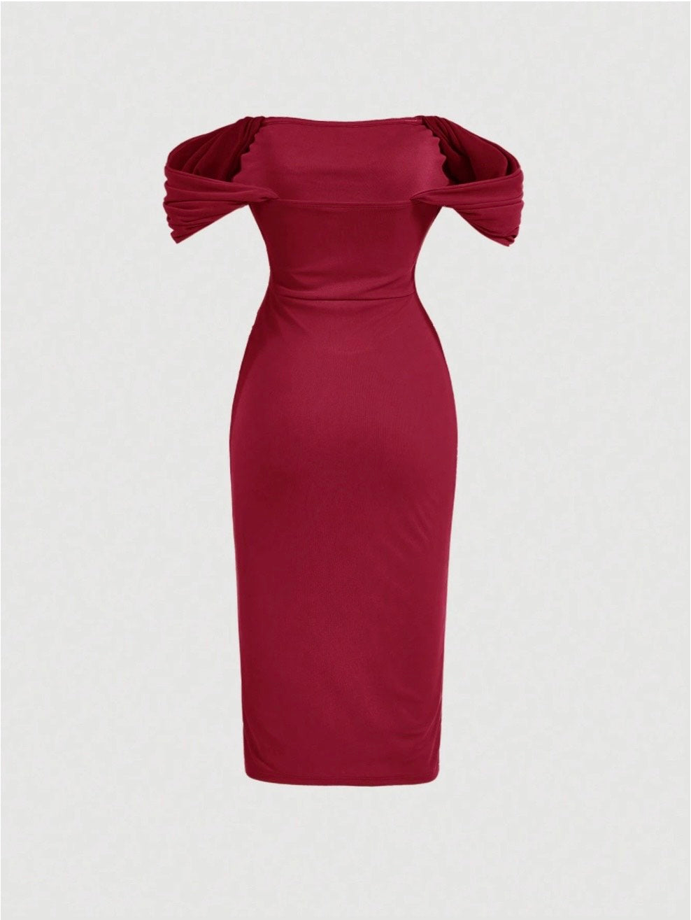 Elegant Off-Shoulder Ruched Bodycon Dress – Knee-Length, Draped Puff Sleeves, Slim Fit Partywear for Women