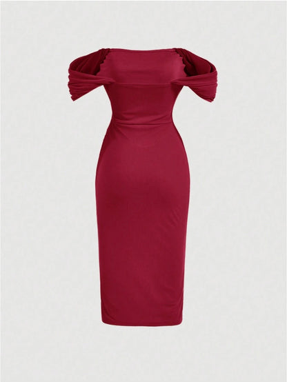 Elegant Off-Shoulder Ruched Bodycon Dress – Knee-Length, Draped Puff Sleeves, Slim Fit Partywear for Women