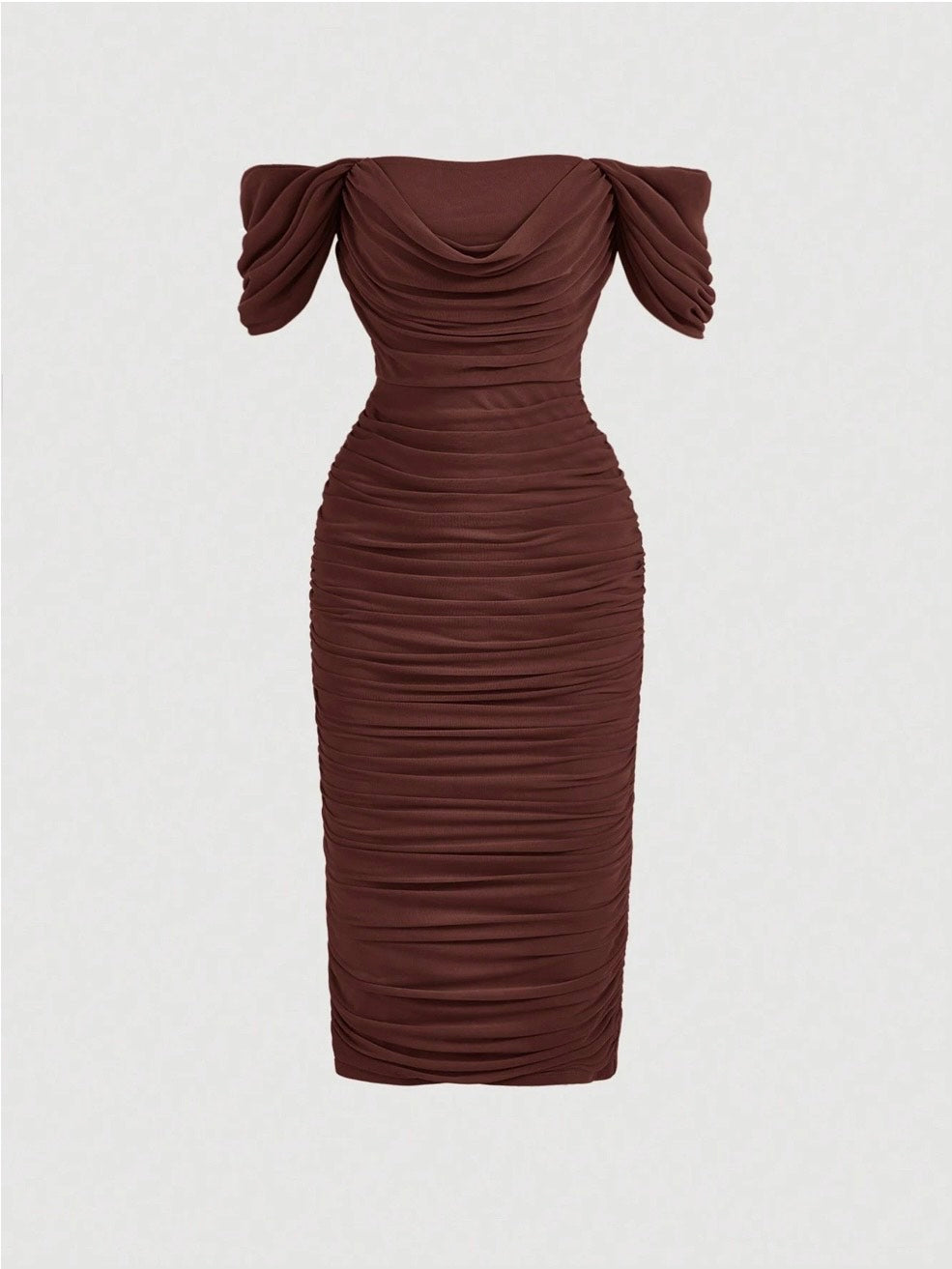 Elegant Off-Shoulder Ruched Bodycon Dress – Knee-Length, Draped Puff Sleeves, Slim Fit Partywear for Women