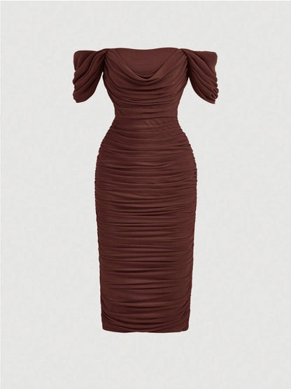 Elegant Off-Shoulder Ruched Bodycon Dress – Knee-Length, Draped Puff Sleeves, Slim Fit Partywear for Women