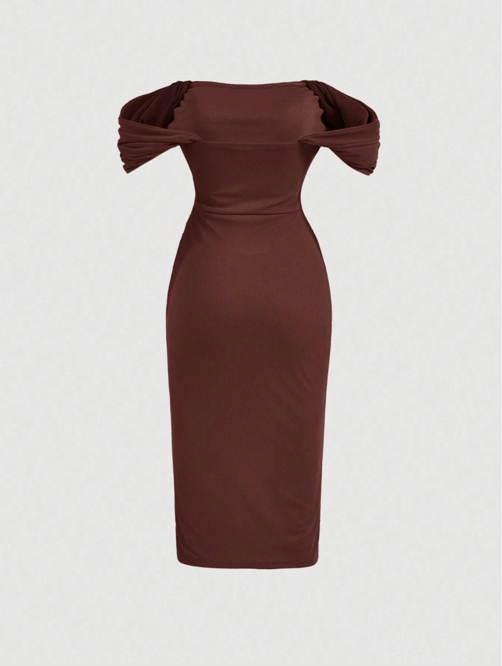Elegant Off-Shoulder Ruched Bodycon Dress – Knee-Length, Draped Puff Sleeves, Slim Fit Partywear for Women