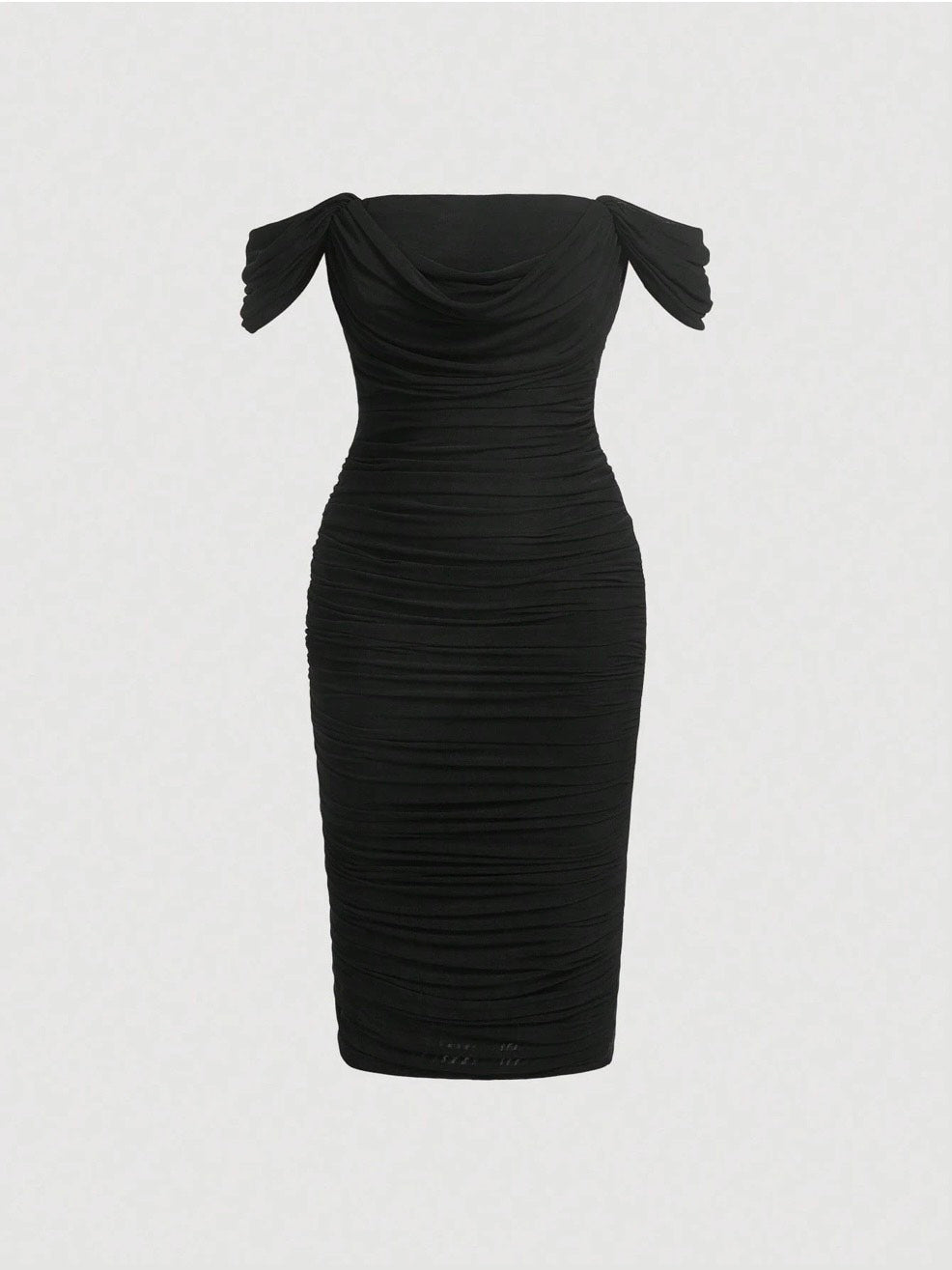 Elegant Off-Shoulder Ruched Bodycon Dress – Knee-Length, Draped Puff Sleeves, Slim Fit Partywear for Women
