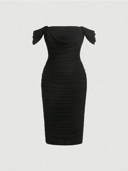 Elegant Off-Shoulder Ruched Bodycon Dress – Knee-Length, Draped Puff Sleeves, Slim Fit Partywear for Women