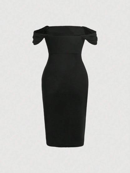 Elegant Off-Shoulder Ruched Bodycon Dress – Knee-Length, Draped Puff Sleeves, Slim Fit Partywear for Women