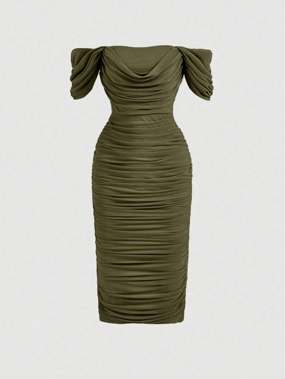Elegant Off-Shoulder Ruched Bodycon Dress – Knee-Length, Draped Puff Sleeves, Slim Fit Partywear for Women