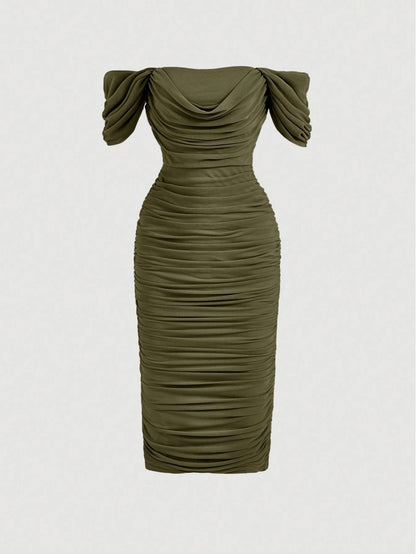 Elegant Off-Shoulder Ruched Bodycon Dress – Knee-Length, Draped Puff Sleeves, Slim Fit Partywear for Women