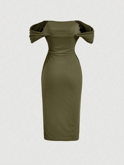 Elegant Off-Shoulder Ruched Bodycon Dress – Knee-Length, Draped Puff Sleeves, Slim Fit Partywear for Women