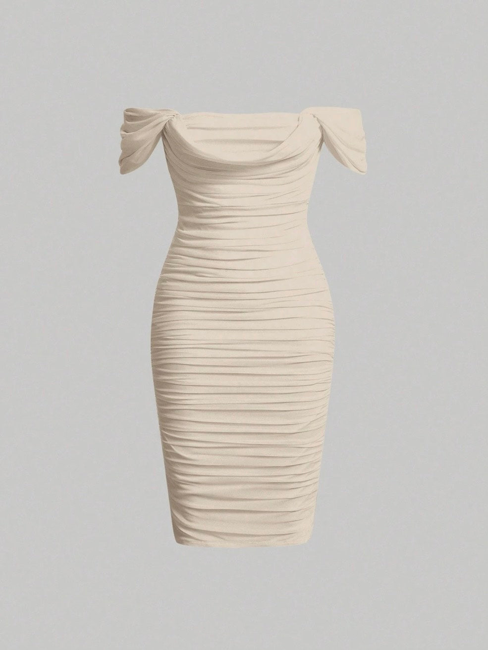Elegant Off-Shoulder Ruched Bodycon Dress – Knee-Length, Draped Puff Sleeves, Slim Fit Partywear for Women