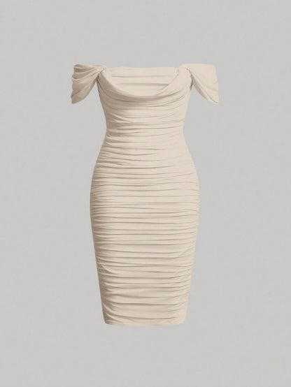 Elegant Off-Shoulder Ruched Bodycon Dress – Knee-Length, Draped Puff Sleeves, Slim Fit Partywear for Women