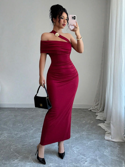 One-Shoulder Ruched Bodycon Midi Dress for Women – Asymmetrical Mermaid Hem, Backless, Spring Summer Partywear