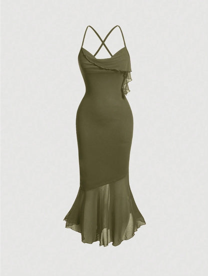 Crisscross Backless Mermaid Cami Dress – Ruffle Trim Mesh Hem Maxi for Summer Glam