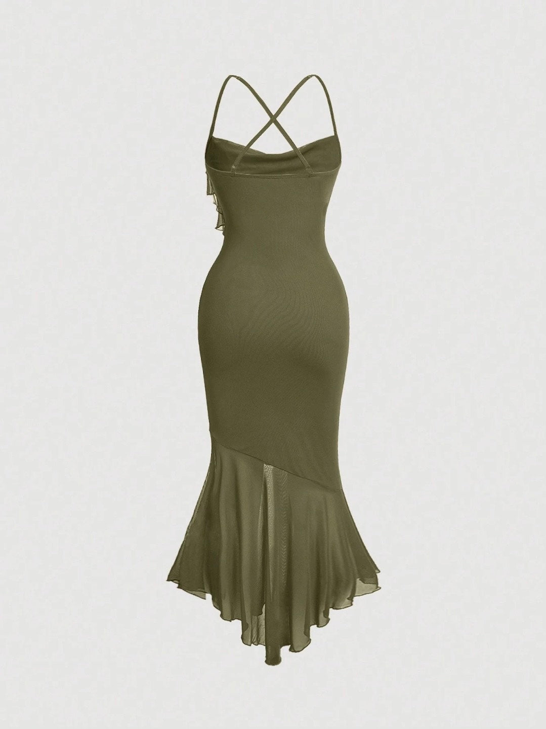 Crisscross Backless Mermaid Cami Dress – Ruffle Trim Mesh Hem Maxi for Summer Glam