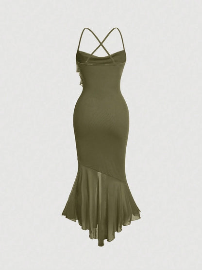 Crisscross Backless Mermaid Cami Dress – Ruffle Trim Mesh Hem Maxi for Summer Glam