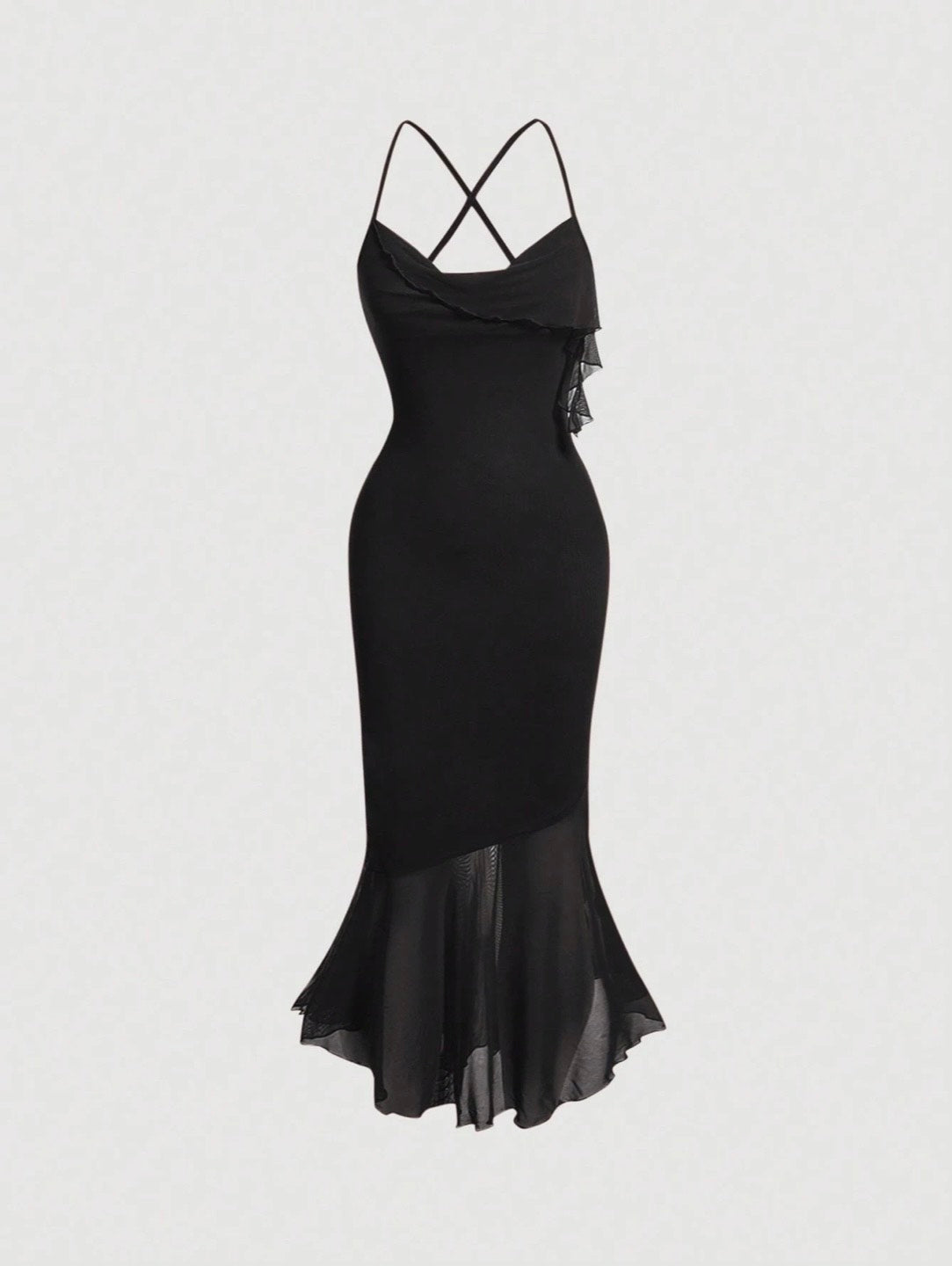 Crisscross Backless Mermaid Cami Dress – Ruffle Trim Mesh Hem Maxi for Summer Glam