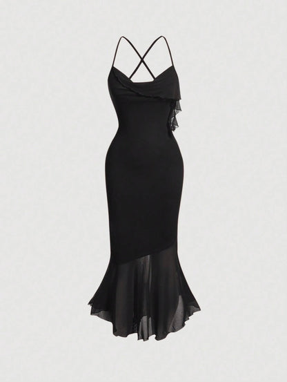 Crisscross Backless Mermaid Cami Dress – Ruffle Trim Mesh Hem Maxi for Summer Glam