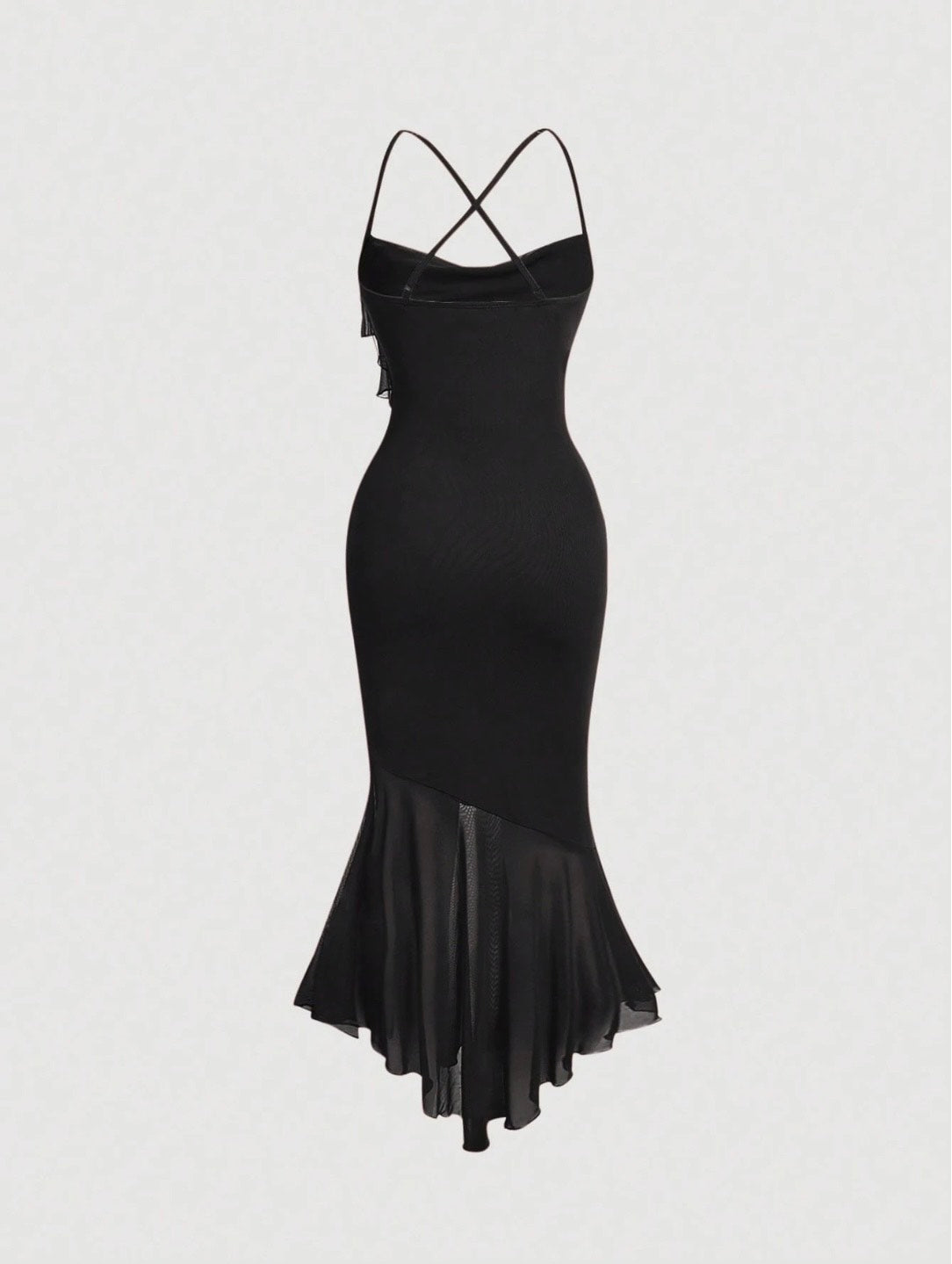 Crisscross Backless Mermaid Cami Dress – Ruffle Trim Mesh Hem Maxi for Summer Glam